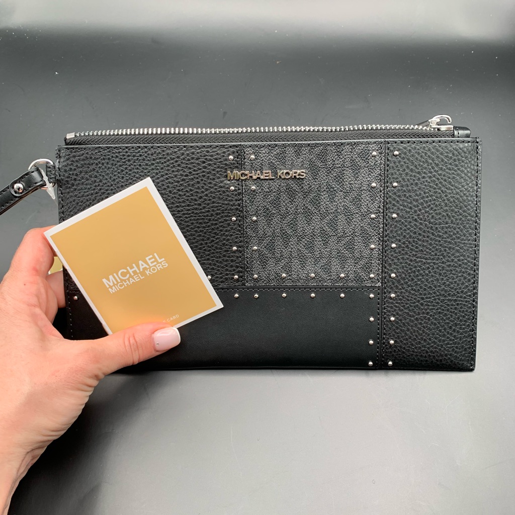 Michael Kors Leather Studded Clutch, New, Black
